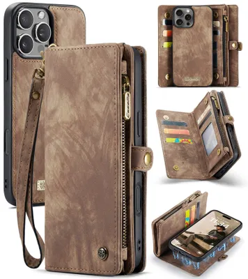 Collage of images showing a brown leather iPhone case with wallet and zipper features from multiple angles.