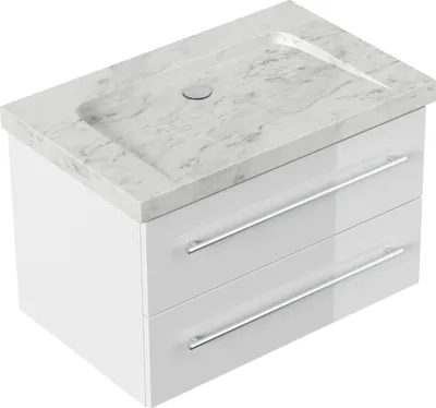 Produktbild von Badmöbel Marmor Carrara White Damo 75 cm ohne Hahnloch SoftClose weiß hochglanz : Weiss hochglanz Varianten: Weiss hochglanz