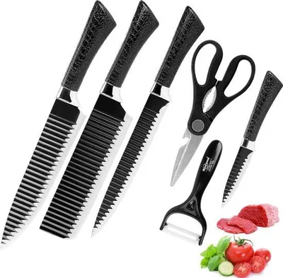 Productafbeelding van Famanu messen set, 6-delig, scherpe roestvrijstalen messen: vleesmes, koksmes, hakmes, schilmes, keramische groenteschiller en schaar