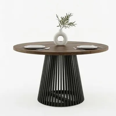 Produktbild von Runder Ausziehbarer Tisch für Esszimmer, DOVER - Industrial/Loft Still mit Lamellenbeine, Durchmesser: 120/220 cm, Farbe: Franklin Nuss / Schwarz