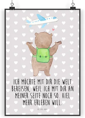 Produktbild von Mr. & Mrs. Panda Bild Bär Flugzeug DIN A5 - Grau Pastell - Geschenk, Jahrestag, Valentinstag, Hochzeitstag, Freund, Plakat, Wandbild, Kunstdruck, drucke, wanddeko