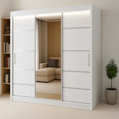 Obrázek produktu pro Třídveřová posuvná skříň RIO-3, 180 × 215 cm, bílá, s ozdobnými lištami – zrcadlo na čele, v balení police, tyče, LED osvětlení, odolnost a styl