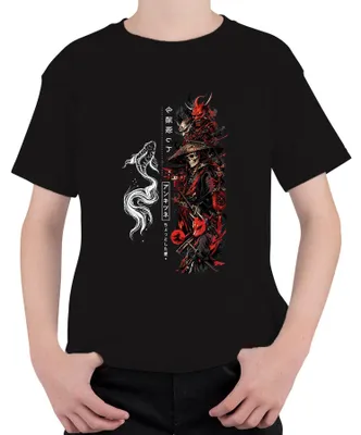 Zdjęcie produktu dla Samuraj, szkielet, ronin, maska oni, kitsune, katana, Japonia, styl Y2K, bushido, koszulka dziecięca, czarna, rozmiar 116