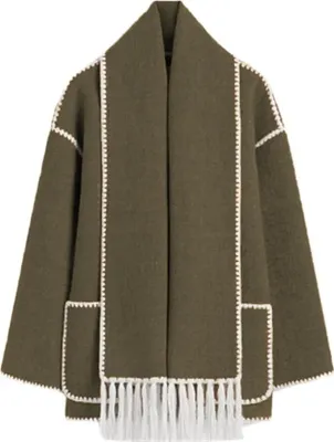 Produktbild von ASKSA Damen Herbst Winter Mantel Mit Schal Lose Langarm Einreiher Maentel Weibliche Warme Quaste Jacke, Armeegruen, S