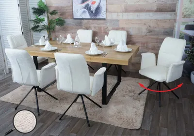 Produktbild von 6er-Set Esszimmerstuhl HWC-N99, drehbar Armlehne Auto-Return, Stoff/Textil Chenille (340g/m²)   creme