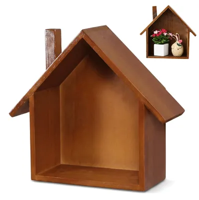 Wandregal Hausform aus Massivholz, 1 Stück, 23x19x9 cm, braun