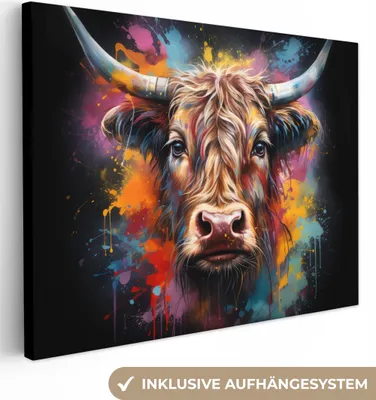 Produktbild von Wanddeko 40x30 cm - Schottisches Hochlandrind - Graffiti - Schwarz - Kuh, Deko Wohnzimmer, Leinwand Bilder