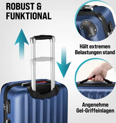 Produktbild von MONZANA® 3tlg. Kofferset Schloss Wäsche Organizer Kofferwaage Gurt Gel-Griffe Zwillingsrollen Standfüße Trolley Reisekoffer Hartschalen Koffer M-L-XL, Farbe:navy