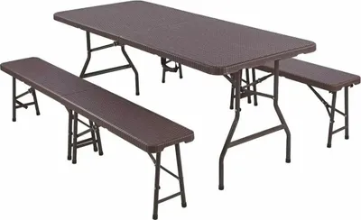 Zdjęcie produktu dla Stół piknikowy Femur z 2 ławkami - Stół kempingowy i ogrodowy dla 6-8 osób - Składany, stalowy i rattanowy, 180 cm, wodoodporny