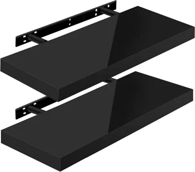 Two black floating shelves mounted on black brackets against a white background.