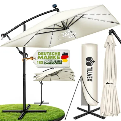 Obrázek produktu pro tillvex® Hliníkový slunečník obdélníkový Ø 330 cm s LED Solar Beige + kryt s kličkou | konzolový slunečník se stojanem a větrnou clonou | zahradní slunečník s UV ochranou, voděodolný, otočný o 360° | slunečník s kličkou na trhu, Obrázek vytvořený pomocí AI