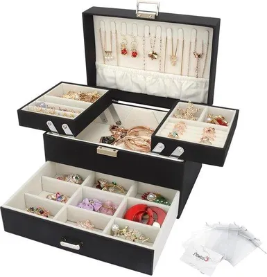 Produktbild von Famanu Schmuckbox mit Schublade - Organizer für Armbänder, Ohrringe, Ringe, Halsketten und Uhren - Schwarz