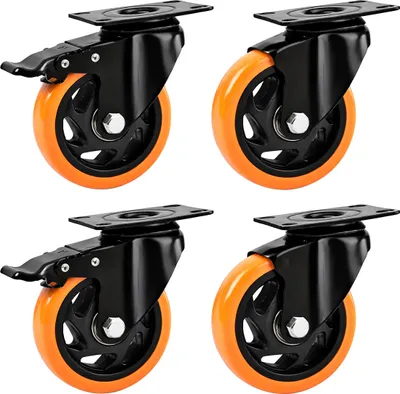 Produktbild von Relaxdays Lenkrollen, 4er Set, 100 mm, 600 kg, mit Bremse, Stahlplatte, Kunststoff, Schwerlastrollen, schwarz/orange
