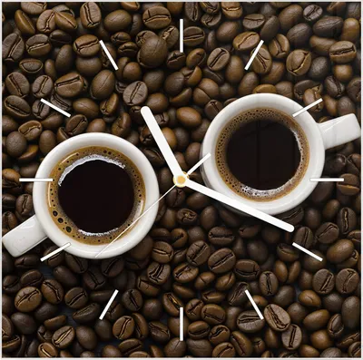 Produktbild von Wanduhr aus Glas mit Motiv Kaffeebohnen und Tassen- 30 x 30 cm - inkl. Aufhängesystem