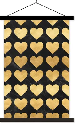 Produktbild von MuchoWow® Textilposter Muster - Herz - Gold - Schwarz 120x180 cm mit schwarzem Rahmen - Fotos