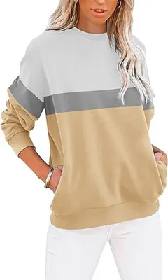 Produktbild von ASKSA Damen Pullover Rundhals Langarm Sweatshirt Casual Lose Farbblock Herbst Winter Oberteile Oversize Tops, Weiss&Gelb, XXL