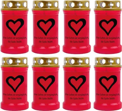 Produktbild von Grabkerze Rot 8er Pack, Brenndauer: 40 Stunden ( je Kerze ), Motiv: Herz