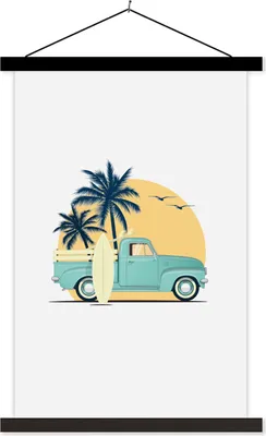 Produktbild von MuchoWow® Textilposter Auto - Strand - Surfbrett - Zeichnung 120x180 cm mit schwarzem Rahmen - Fotos