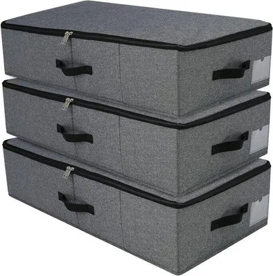 Immagine prodotto di Set di 3 scatole sotto il letto - Con coperchio - Tessuto sostenibile - Per vestiti, scarpe, giocattoli, coperte - Scatole organizer nere e grigie