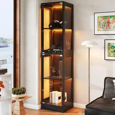 Produktbild von Flieks LED Vitrine mit App-gesteuertes LED-Licht und Vier Stauraum, Vitrinenschrank mit Gehärtetes Glas, Push-to-Open Tür, Standvitrine, Schwarz