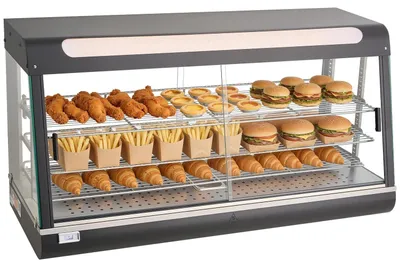 Immagine prodotto di Espositore riscaldatore professionale a 3 ripiani, 1600 W con illuminazione a LED, vano portaoggetti superiore e ripiani regolabili, riscaldamento a vapore 30-85 °C, 190 Qt/180 L per hamburger, pizza, pane e pollo fritto