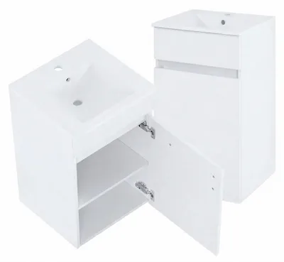 Image de Meuble sous vasque suspendu 45 cm blanc avec lavabo céramique, 1 porte, 2 étagères