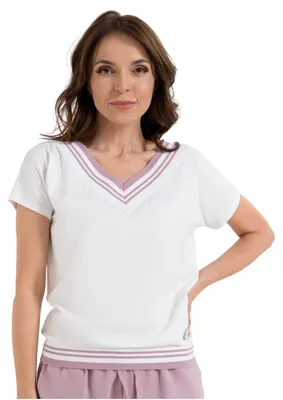 Immagine prodotto di Moraj - Camicia da donna, taglia L - T-shirt bianca - Maglietta a maniche corte da donna - Camicia di cotone con scollo a V