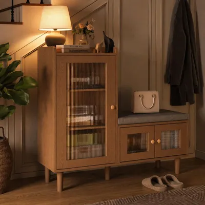 Obrázok produktu pre UnboxG skriňa na topánky s rozmermi 100x35x90 cm, s úložnou lavicou, sklenenými dverami a nastaviteľnými poličkami, komoda na topánky s veľkým úložným priestorom, vhodná do chodby a vstupnej haly