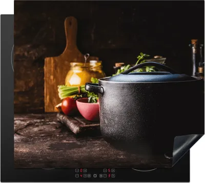 Produktbild von KitchenYeah© Herdabdeckplatte Rustikal - Stilleben - Pfanne - Gemüse , 57x51cm, Küche Deko, Glaskeramikkochfeld Herdabdeckung, Abdeckplatte fùr Kochfeld