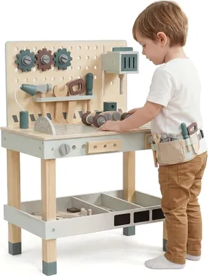 Productafbeelding van Werkbank voor kinderen, houten gereedschapsspeelset, 29-delig. Montessori kinderwerkbank geschikt voor kinderen vanaf 2 jaar, met gereedschapskoffer, hamer en zaag. STEM constructiespeelgoed, cadeau voor jongens