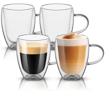Image de Verres à café à double paroi avec anse, capacité de 350 ml, lot de 4, en verre borosilicaté, pour latte macchiato, cappuccino, thé