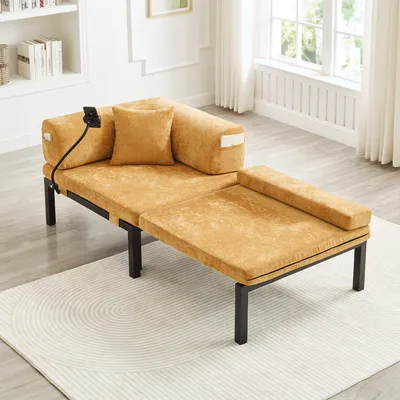 Zdjęcie produktu dla Rozkładana sofa z litego drewna w kolorze żółtym, wielofunkcyjne łóżko pojedyncze z funkcją rozkładania