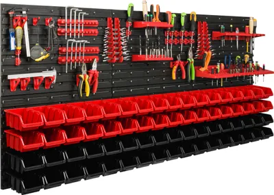 Immagine prodotto di Sistema di stoccaggio Scaffale da officina | 172 x 78 cm | 68 pezzi. Scatola | Scaffale a muro con supporti per utensili e contenitori impilabili - Pannelli a muro Scaffale extra forte Scaffale forato per utensili Scaffale da magazzino Scaffale da garage