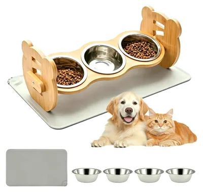 Erhöhter Katzennapf 3-in-1, höhenverstellbar, 4 Edelstahlnäpfe, Holz