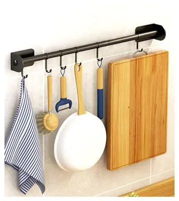 Image de Porte-ustensiles de cuisine, 30 cm, rail de cuisine avec 6 crochets de suspension, crochets adhésifs pour placards de cuisine