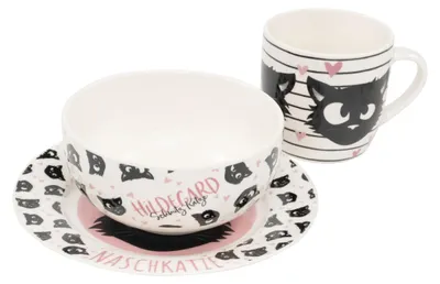 Produktbild von Ralf Schmitz Frühstücksset - Hildegard Katze Geschirr Set 3-teilig Teller, Schale & Tasse aus Porzellan Weiß