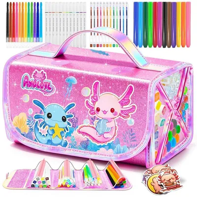 Immagine prodotto di Set scolastico per bambini con astuccio, 70 pezzi, design axolotl, lavabile, include pennarelli, pennarelli glitterati, matite colorate, pennarelli, ideale come regalo per bambine dai 4 ai 12 anni, colore rosa