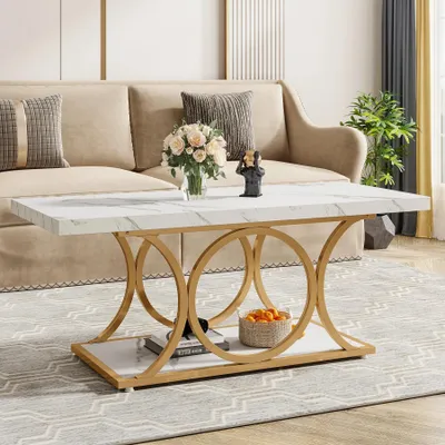 Immagine prodotto di Tavolino da salotto - Rettangolare - 2 ripiani - Piano in finitura marmo - Struttura in metallo - 118 x 56,5 x 48 cm - Bianco/Oro