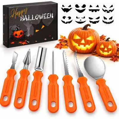 Halloween-Pumpkin-Carving-Set, 7-teilig, 8 Schablonen