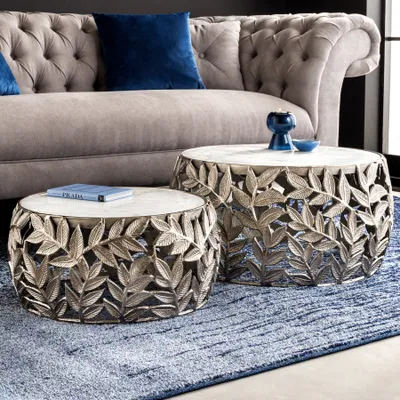Produktbild von riess-ambiente Rundes 2er Set Couchtische ABSTRACT LEAF 70cm weiß silber Marmor Metall Blatt-Design Beistelltisch Tisch