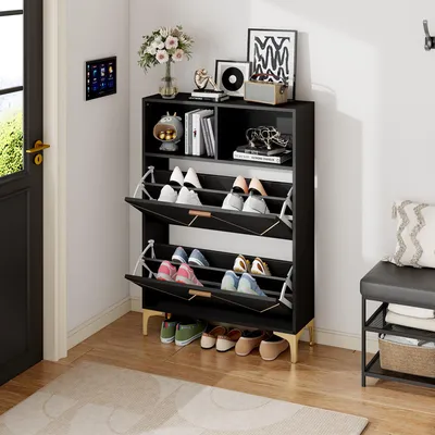Image de OKWISH Meuble à Chaussures Noir avec 2 Portes et 4 Compartiments - Meuble d'Entrée avec Pieds Métalliques - 80x25x117 cm
