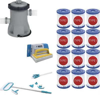 Immagine prodotto di WAYS - Cura della piscina - Set per la manutenzione Deluxe & pompa filtro 1249 L/h & 12 filtri tipo I & spazzola WAYS