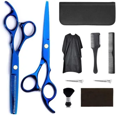 Produktbild von 10-teilige Sets mit Haarschneide- und Friseurscheren aus Edelstahl, Friseurscheren, Clips, Friseurumhang und Rasierkamm