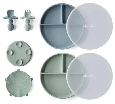 Produktbild von Baby-Teller mit Saugnapf - 2-teiliges Silikon-Set mit Löffel und Gabel (Mint/Hellblau)