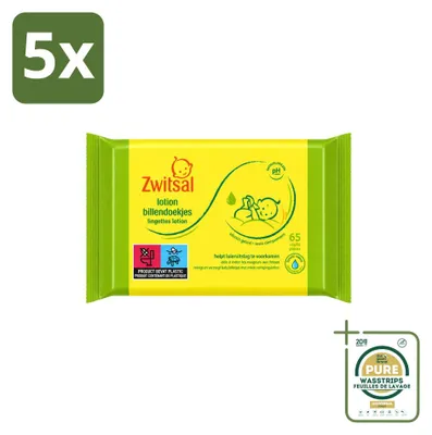 Imagen del producto de 5 paquetes de toallitas húmedas Zwitsal para bebés, formuladas para pieles sensibles, con 65 unidades por paquete. Paquete de 5 unidades