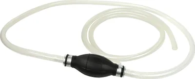 A fuel transfer pump with a black bulb and clear tubing, laid out on a white background.