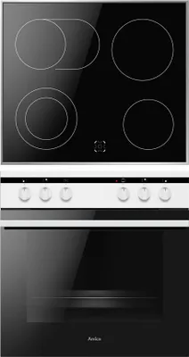 A top-down view of a black electric hob and a white oven with a black door.