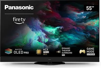 A Panasonic TV with a colorful abstract image displayed on its screen, featuring various feature callouts at the bottom.