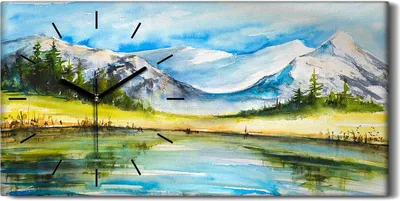 Produktbild von Leinwand Uhr Küche Wohnzimmer Bild 60x30 Gemälde See Berg Wald Bäume Landschaft - schwarze Hände