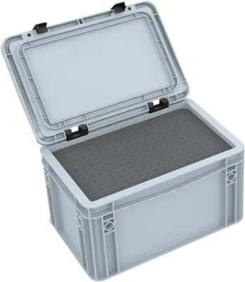 Produktbild von Eurobehälter mit Scharnierdeckel und Rasterschaum 300x200x185 mm